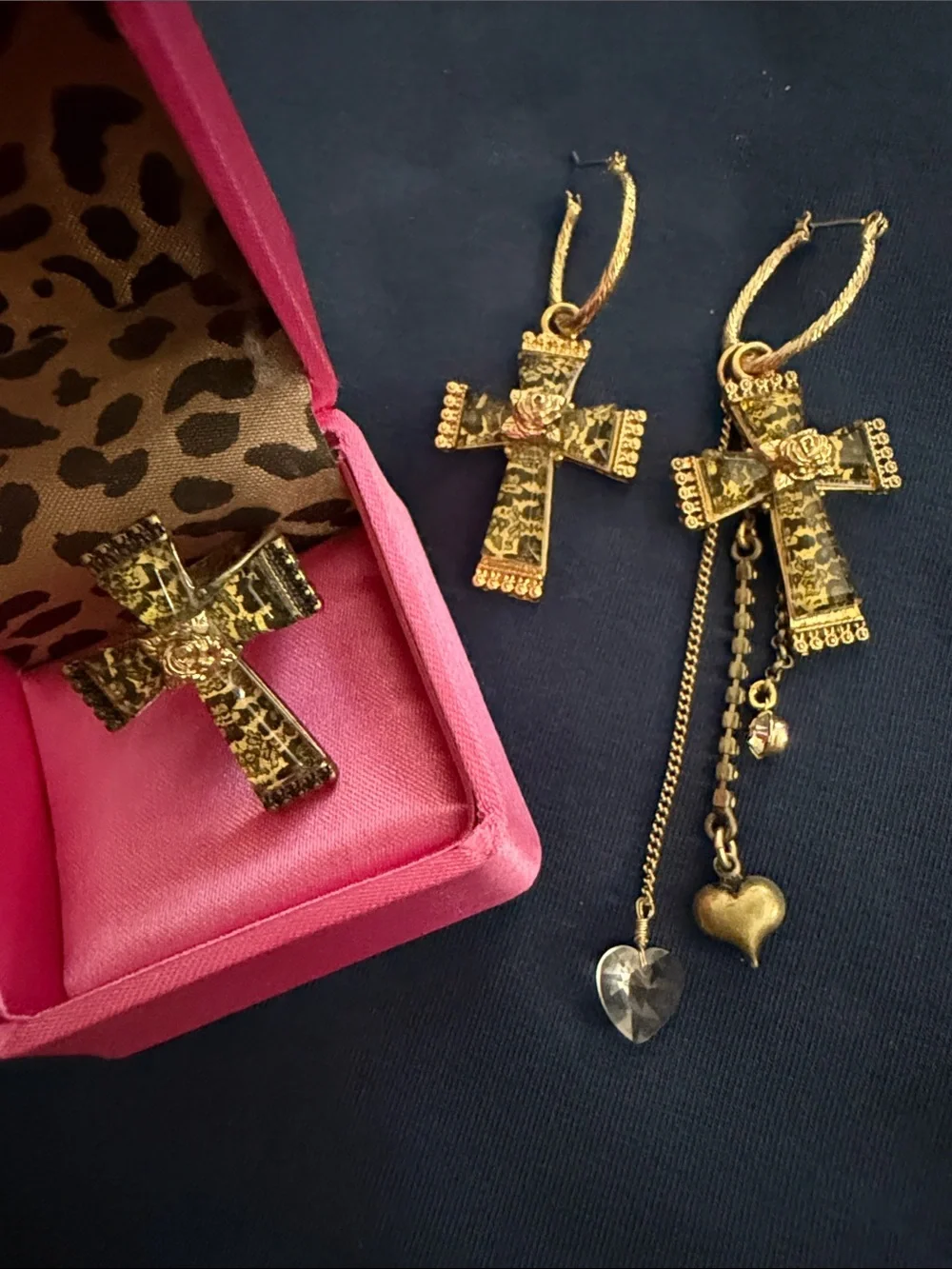 Vintage Y2K Gold-Tone Betsey Johnson Cross Dangle Earrings & Ring Set